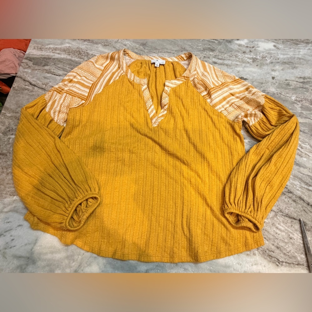 True Craft Mustard Yellow Cowl Neck Sweater Size Large Fair Isle Sleeves